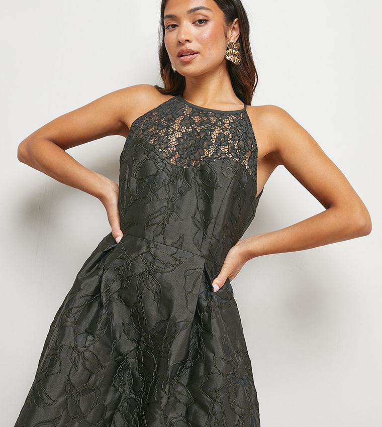 Petite Lace Yoke Jacquard Prom Midi Dress