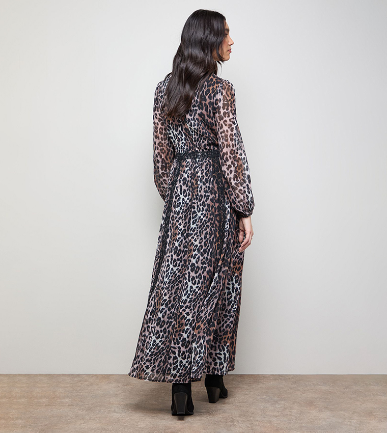 Animal Printed Lace Trim Long Sleeves Maxi Dress