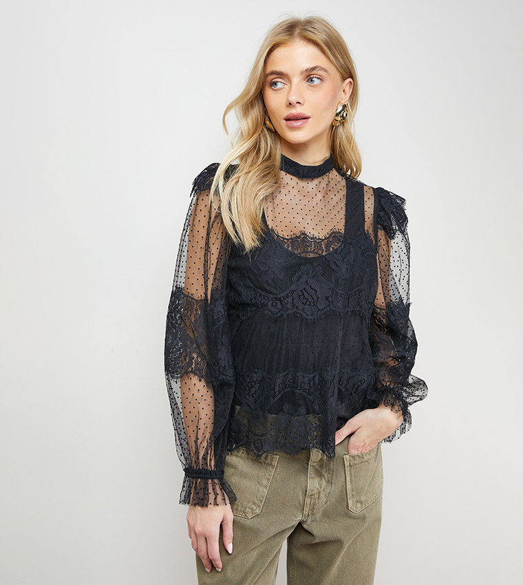 Buy Oasis Lace Frill Detail High Neck Sheer Top In Black - Main Image