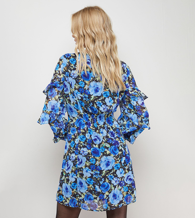 Printed Lace Detail Frill Sleeves Mini Dress