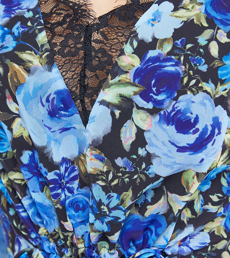 Printed Lace Detail Frill Sleeves Mini Dress