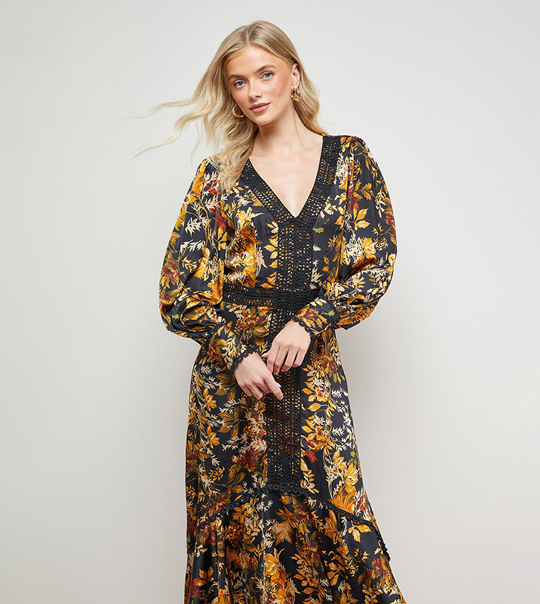 Printed Lace Trim Detail High Low Hem Midi Dress