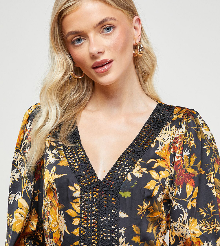 Printed Lace Trim Detail High Low Hem Midi Dress