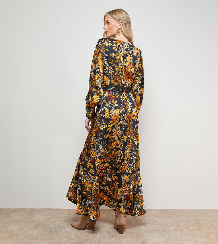 Printed Lace Trim Detail High Low Hem Midi Dress