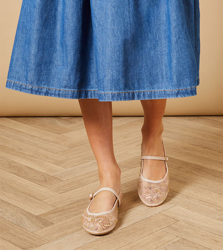 Perth Faux Leather and Mesh Embroidered Mary Jane Shoes