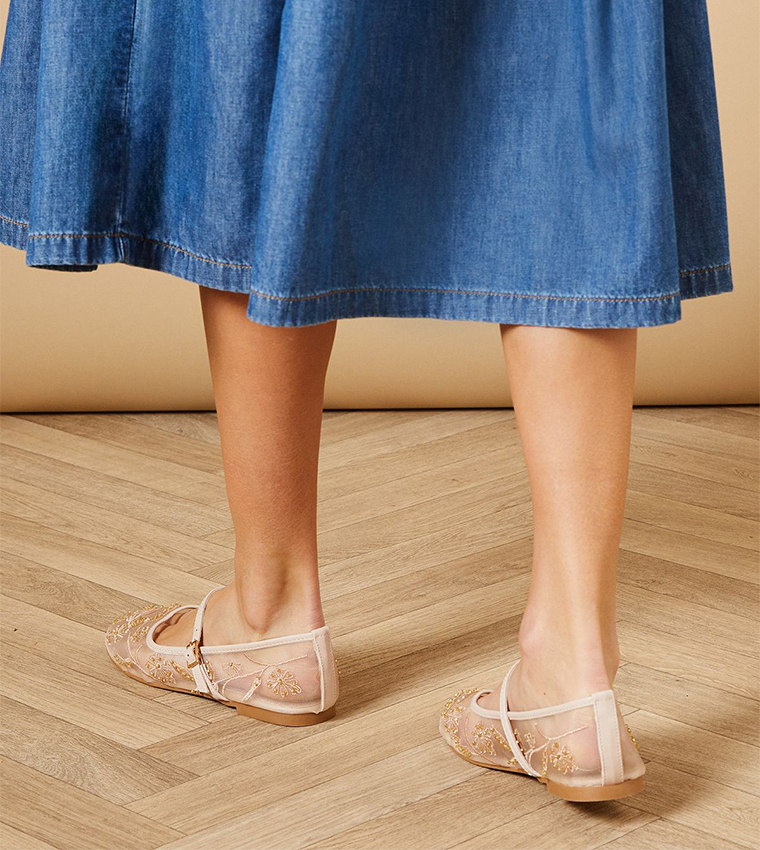 Perth Faux Leather and Mesh Embroidered Mary Jane Shoes