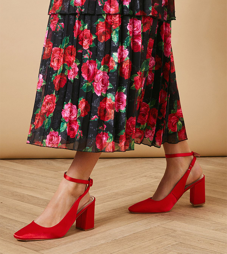 Dita Satin Square Toe Ankle Strap Block Heel Pumps