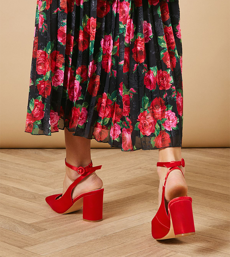Dita Satin Square Toe Ankle Strap Block Heel Pumps