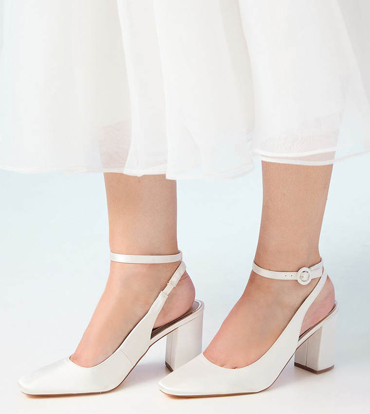 Bridal Dita Satin Square Toe Ankle Strap Block Heel Pumps