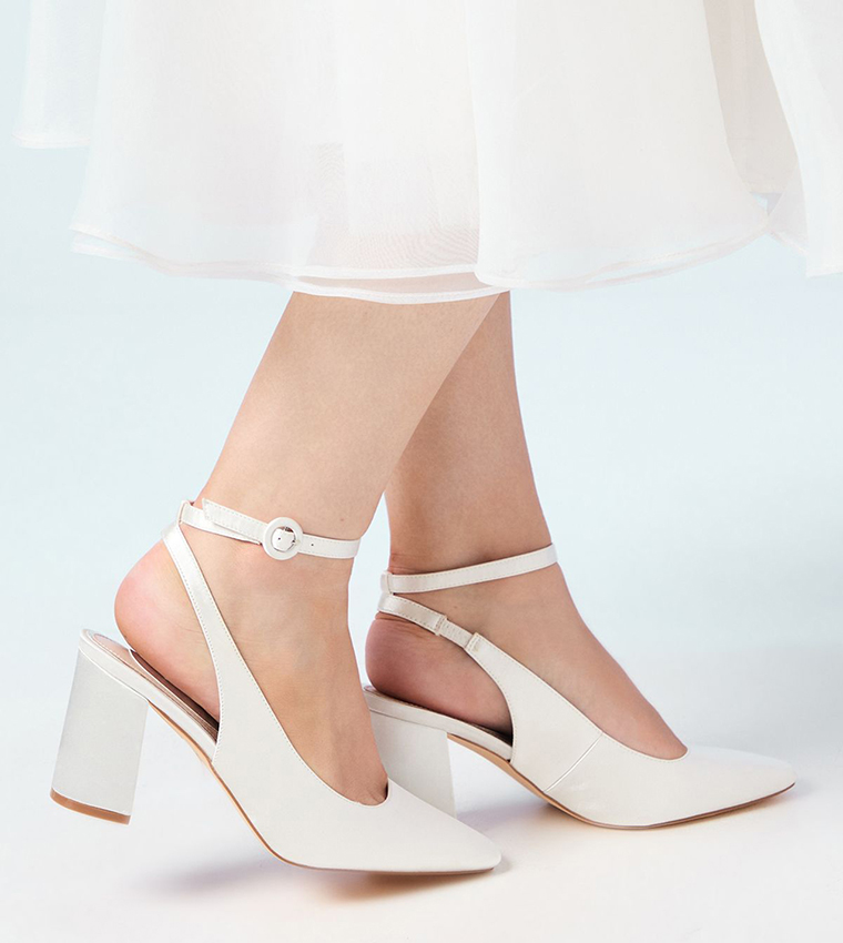 Bridal Dita Satin Square Toe Ankle Strap Block Heel Pumps