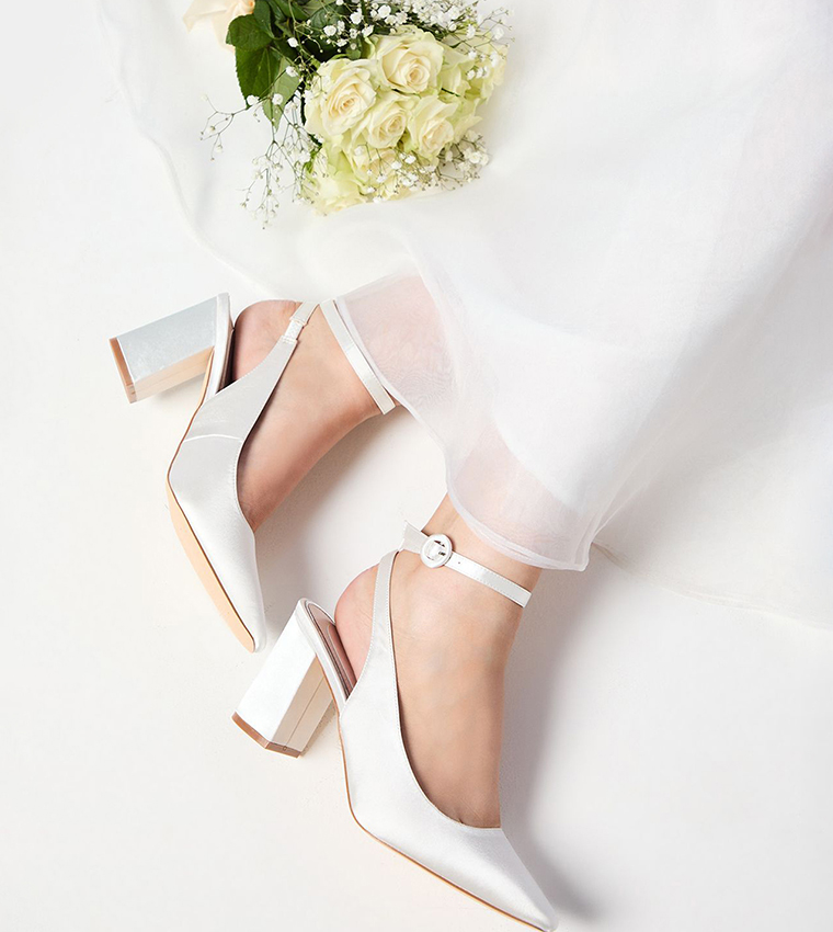 Bridal Dita Satin Square Toe Ankle Strap Block Heel Pumps