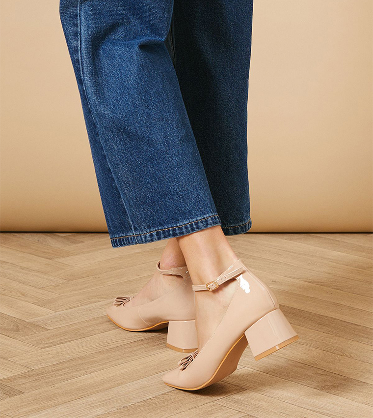 Debbie Faux Patent Leather Bow Detail Block Heel Pumps