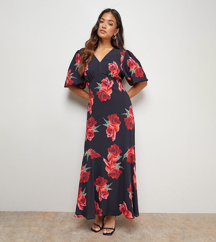 Petite Printed Chiffon Puff Sleeves Fishtail Midaxi Dress