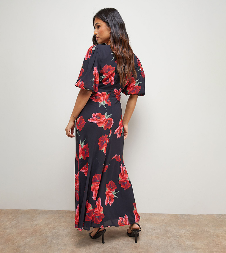 Petite Printed Chiffon Puff Sleeves Fishtail Midaxi Dress
