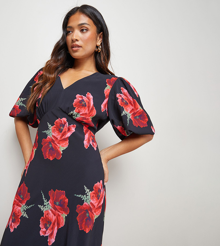 Petite Printed Chiffon Puff Sleeves Fishtail Midaxi Dress