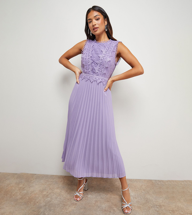 Buy Oasis Petite Lace Pleated Sleeveless Midi Dress In Lilac