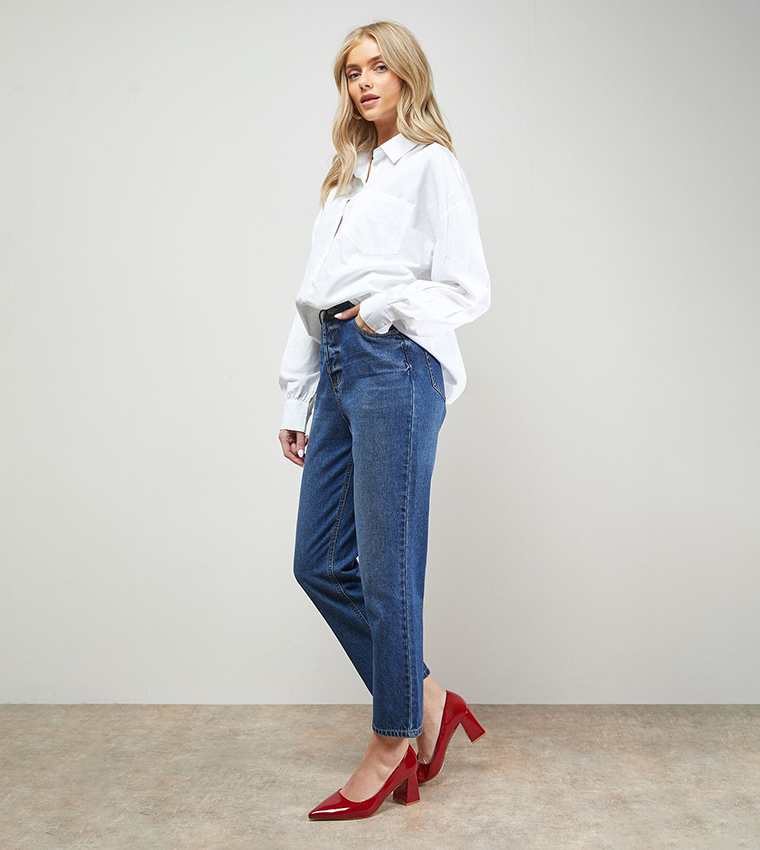 Val Faux Patent Leather Pointed Toe Block Heel Pumps