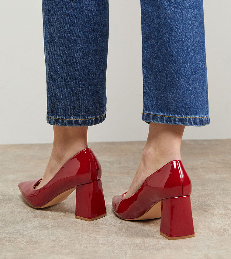 Val Faux Patent Leather Pointed Toe Block Heel Pumps