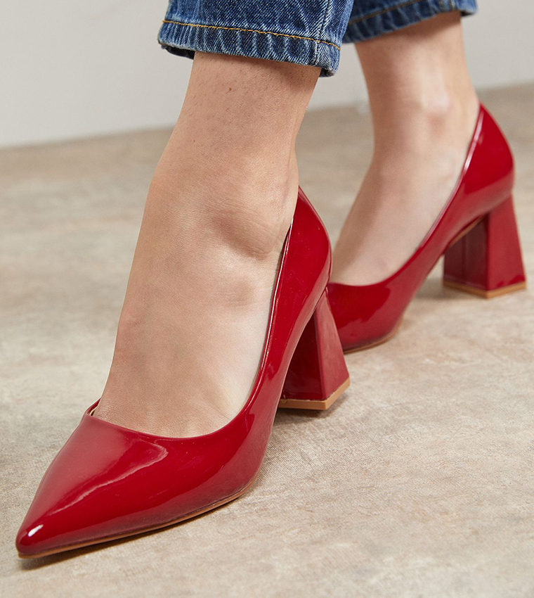Val Faux Patent Leather Pointed Toe Block Heel Pumps