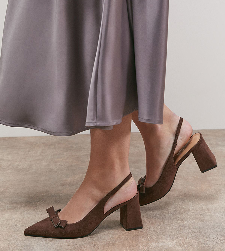 Vala Faux Suede Bow Detail Slingback Block Heel Pumps