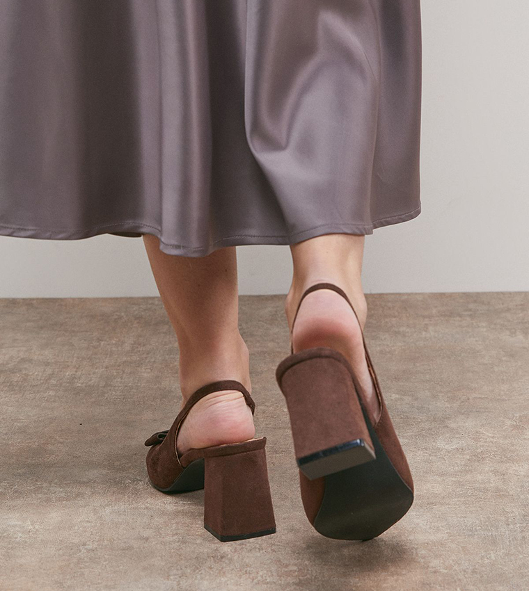 Vala Faux Suede Bow Detail Slingback Block Heel Pumps