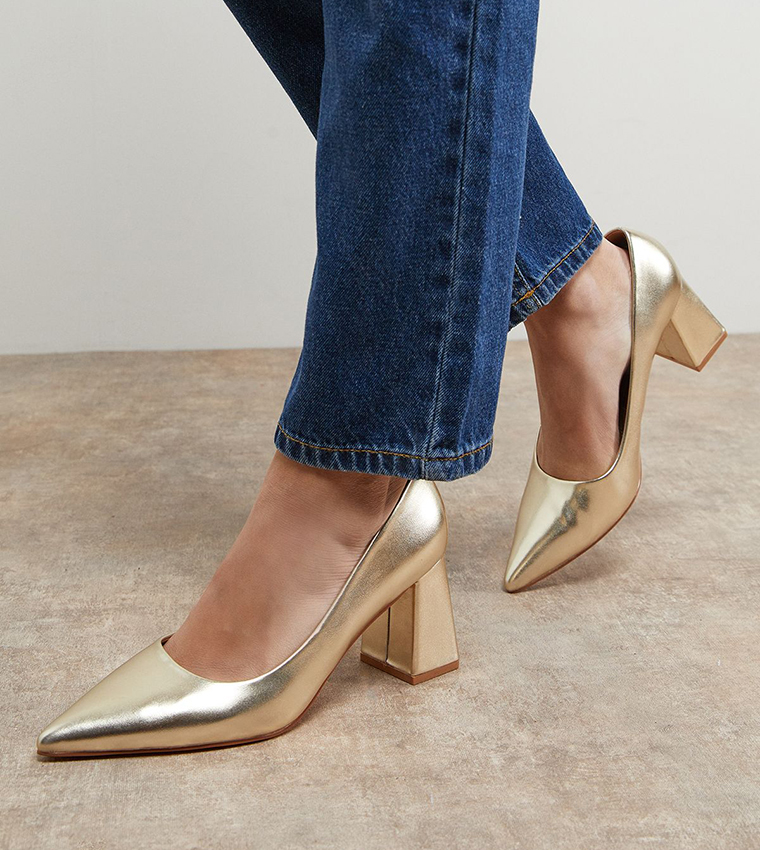 Val Faux Metallic Leather Pointed Block Heel Pumps