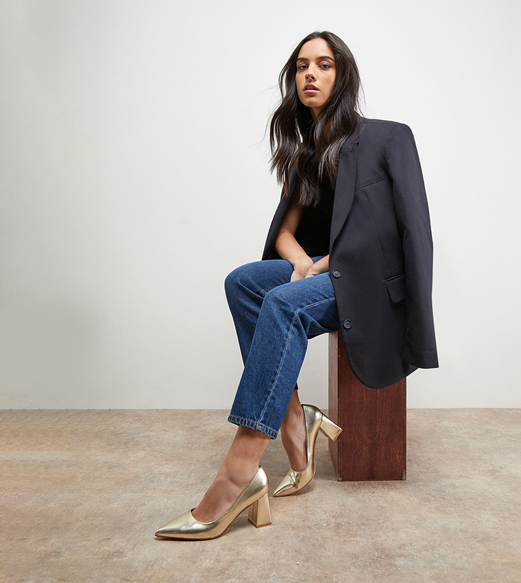 Val Faux Metallic Leather Pointed Block Heel Pumps