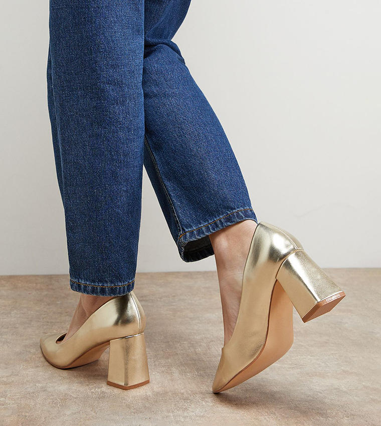 Val Faux Metallic Leather Pointed Block Heel Pumps