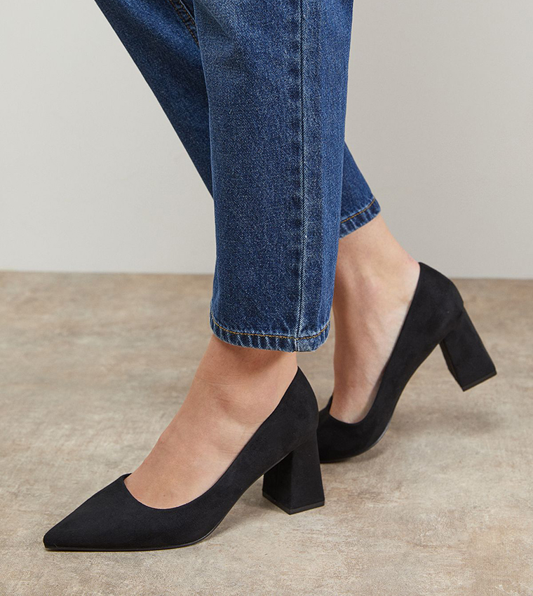 Val Faux Suede Pointed Toe Block Heel Pumps