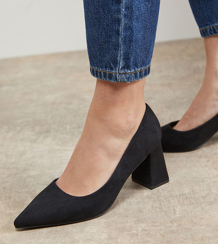 Val Faux Suede Pointed Toe Block Heel Pumps