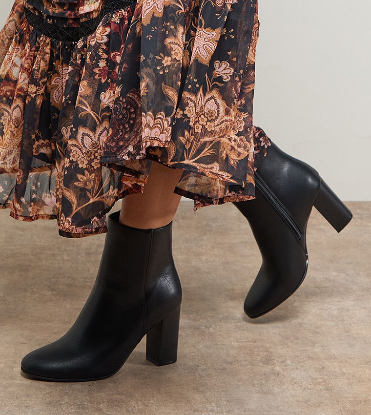 Louisa Faux Leather Round Toe Stacked Ankle Boots