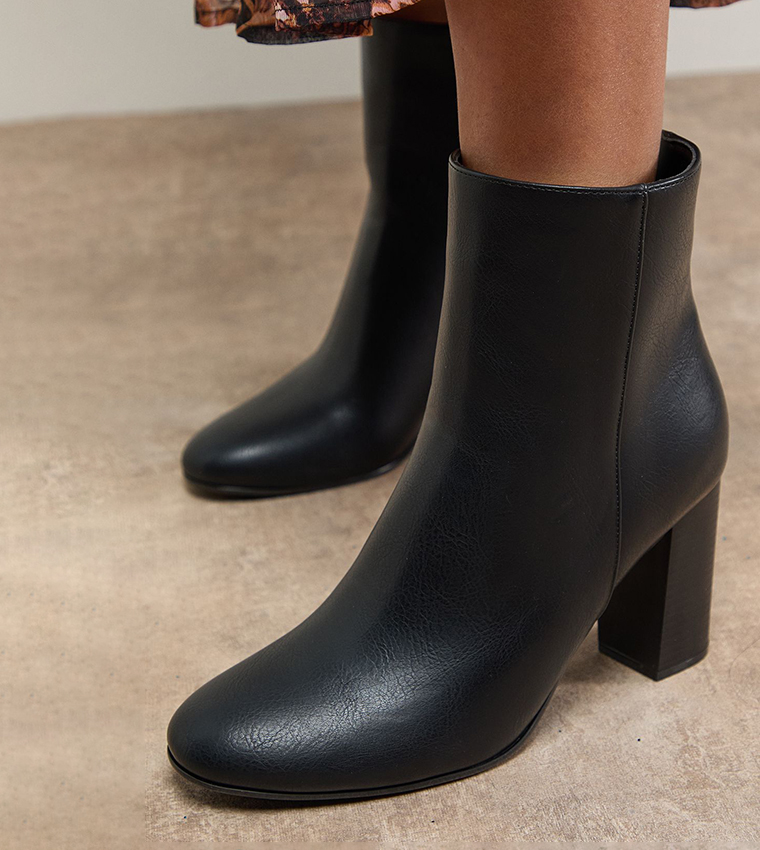 Louisa Faux Leather Round Toe Stacked Ankle Boots