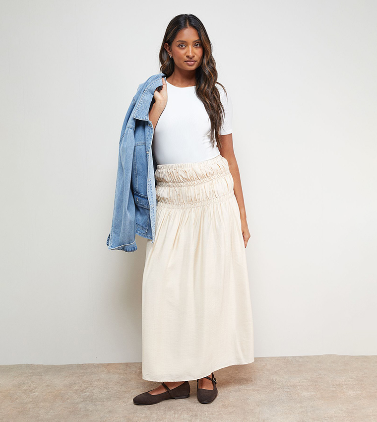 Shirred Waist Midi Skirt