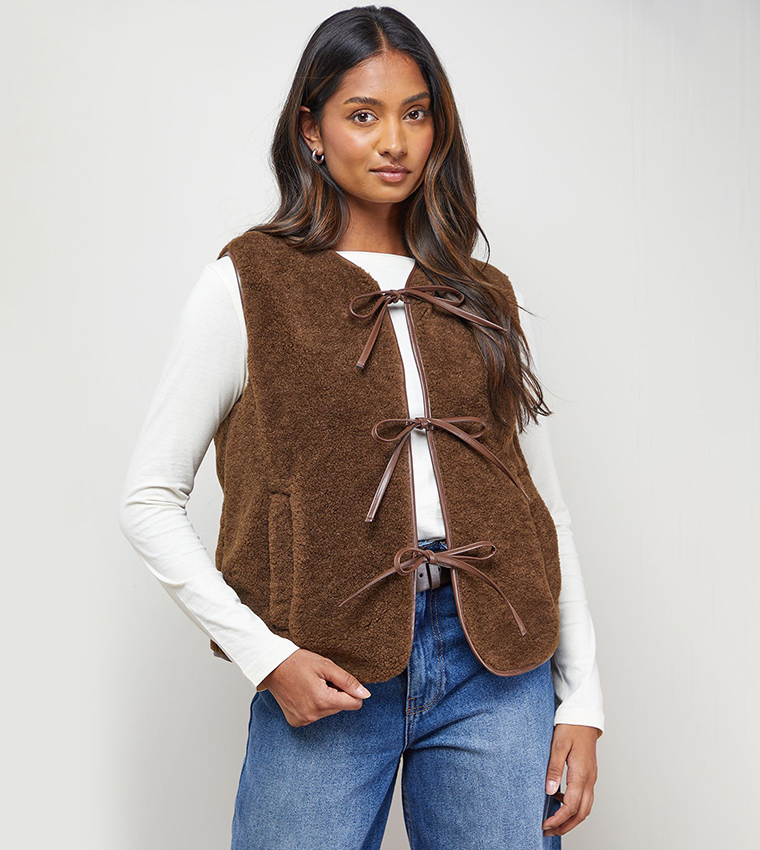 Buy Oasis PU Binding Faux Fur Gilet In Brown 6thStreet UAE