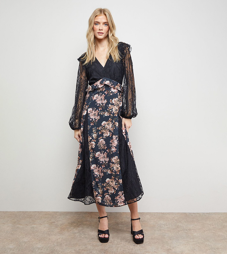 Printed Lace Mix Midi Dress