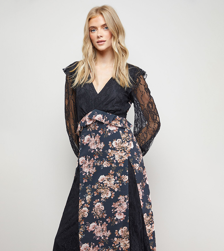 Printed Lace Mix Midi Dress