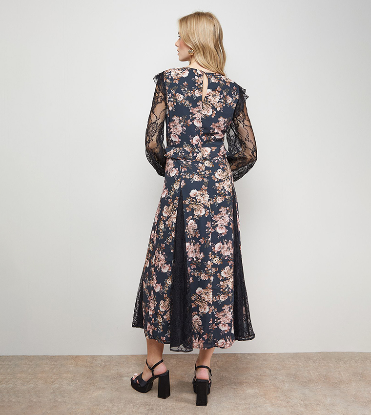 Printed Lace Mix Midi Dress
