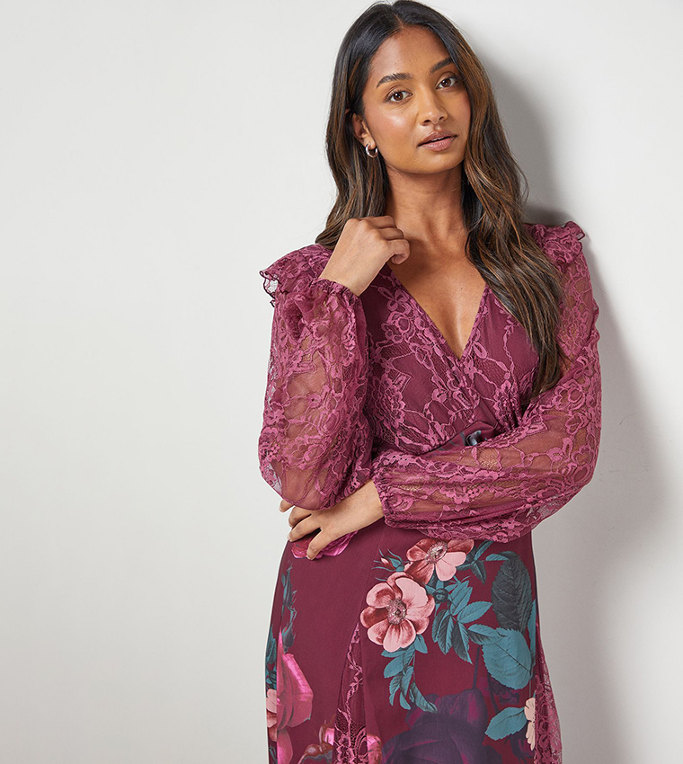 Printed Lace Mix Midi Dress