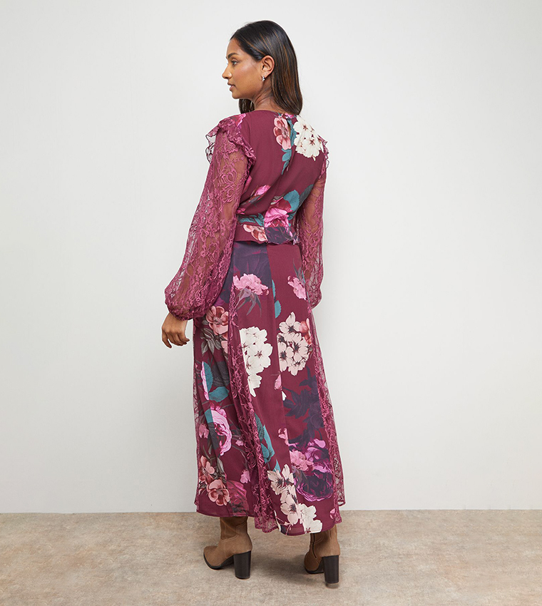 Printed Lace Mix Midi Dress
