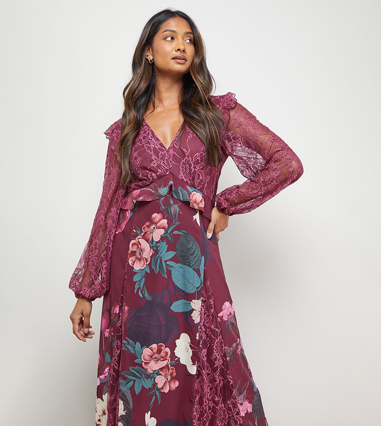 Printed Lace Mix Midi Dress