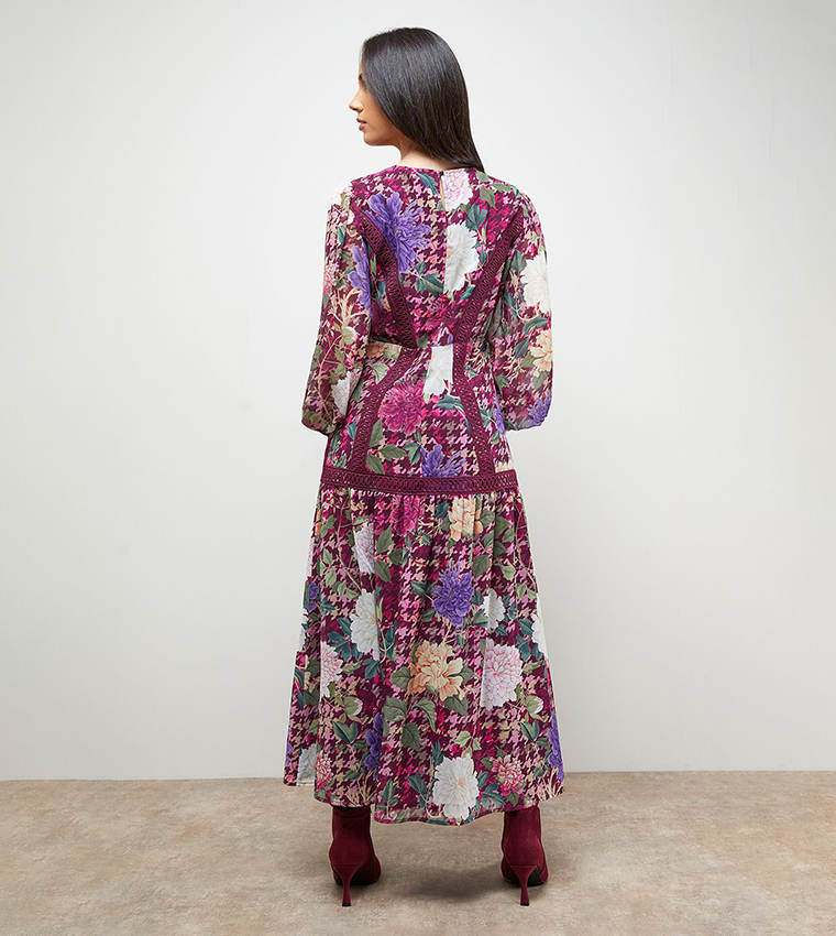 Lace Detail Balloon Sleeves Drop Hem Midi Dress