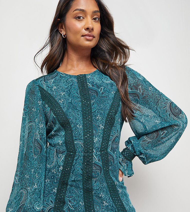 Lace Detail Balloon Sleeves Drop Hem Midi Dress