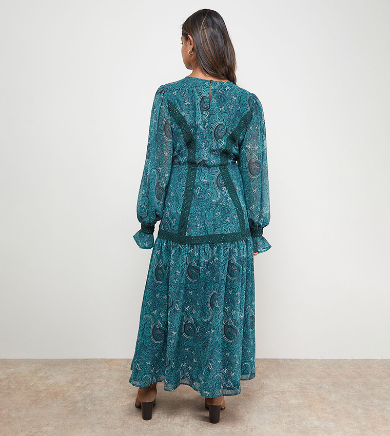 Lace Detail Balloon Sleeves Drop Hem Midi Dress