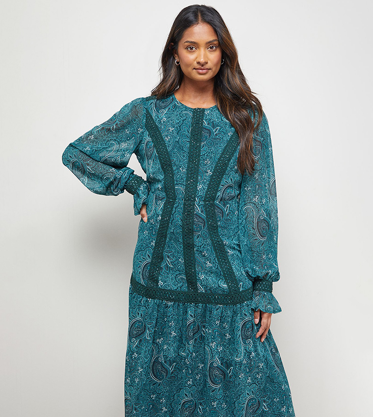 Lace Detail Balloon Sleeves Drop Hem Midi Dress