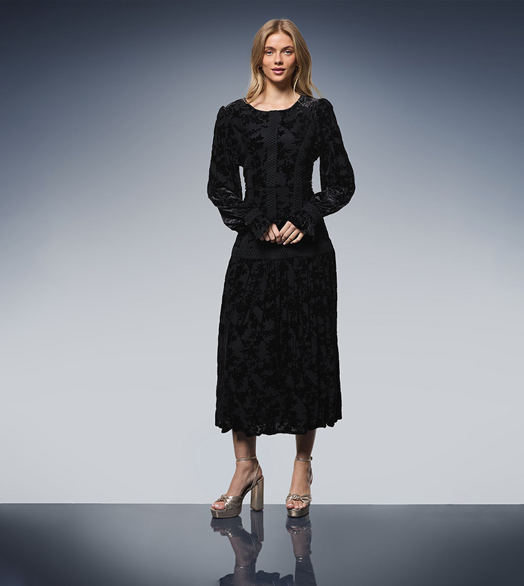 Trim Panelled Long Sleeves Midi Dress