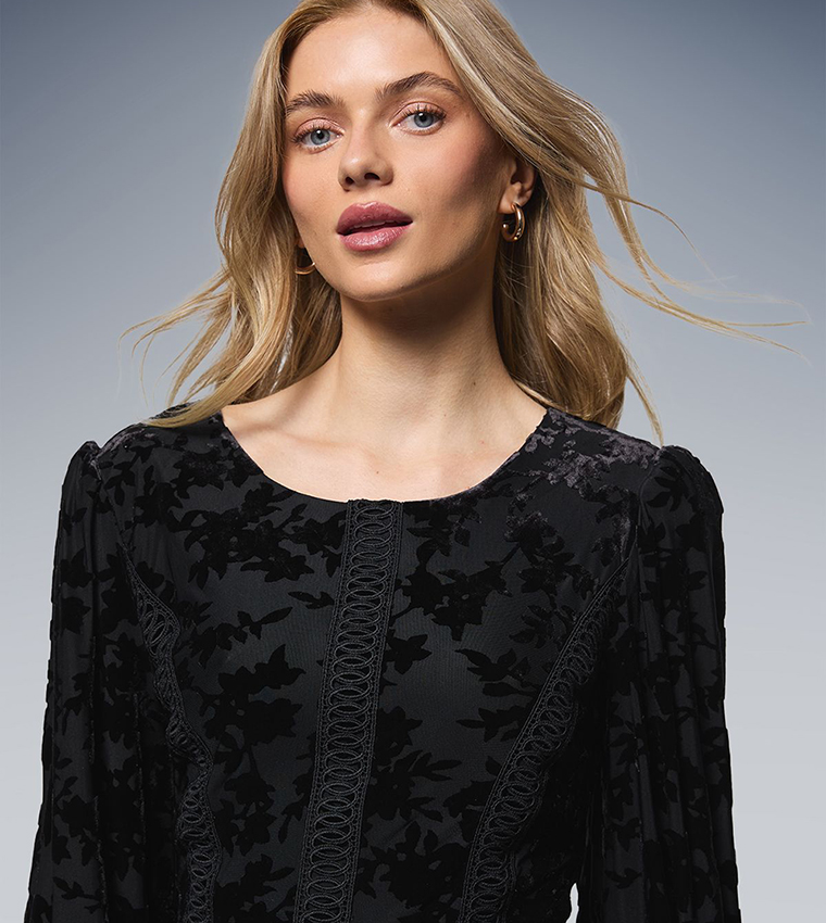 Trim Panelled Long Sleeves Midi Dress