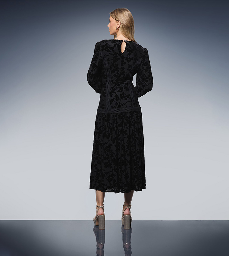 Trim Panelled Long Sleeves Midi Dress