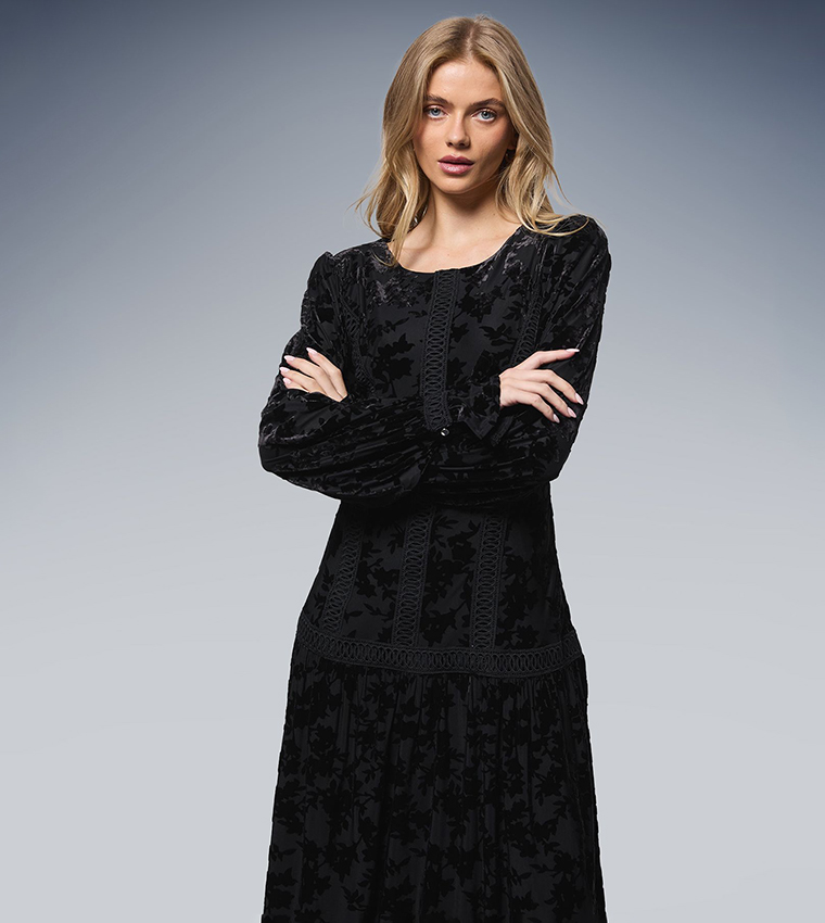 Trim Panelled Long Sleeves Midi Dress
