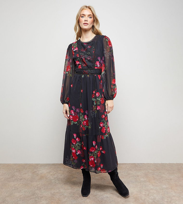 Printed Velvet Stud Trim Midi Dress