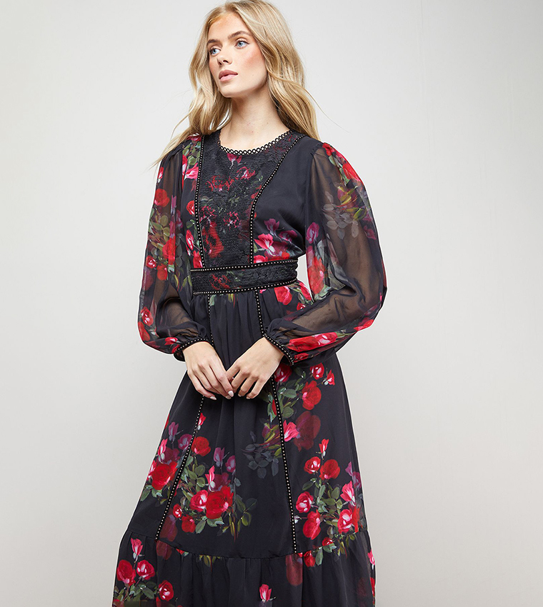 Printed Velvet Stud Trim Midi Dress